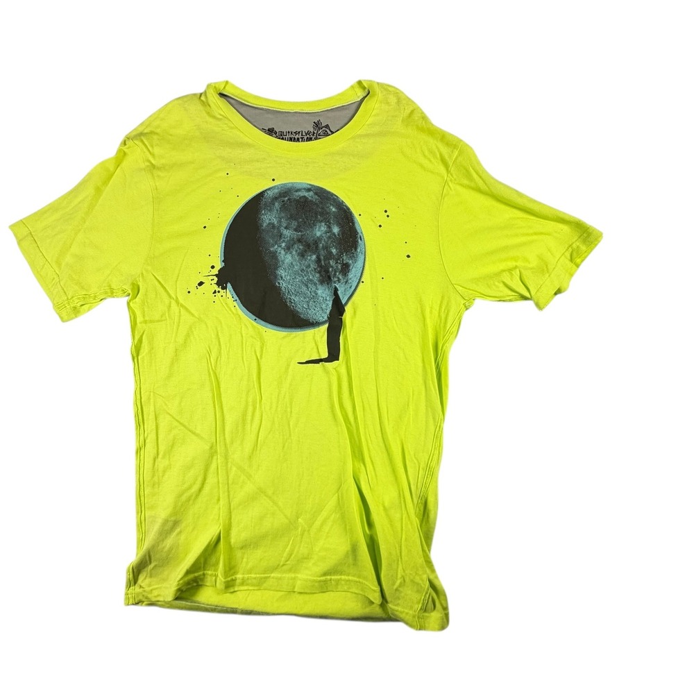 Quiksilver Graphic Tee Mens XL Neon Yellow Moon Print Foundation Surf Shirt EXCL